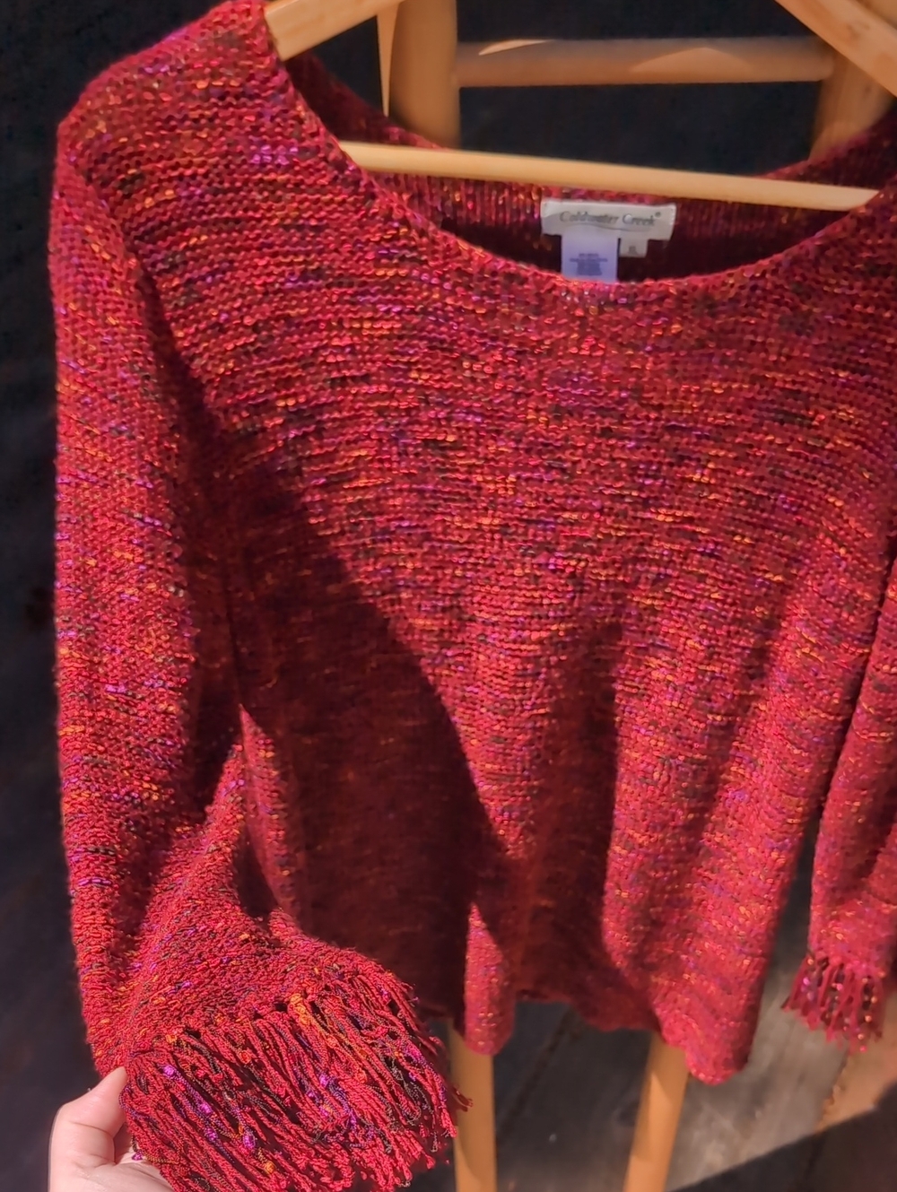 Fringe Knit Coldwater Creek Red Multicolor Knit Sweater with Fringe Cuffs